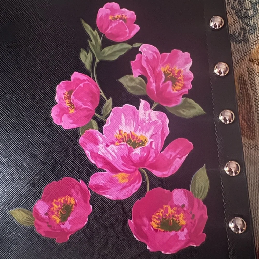 Studded Black Clutch with Pink Floral Design - Picture 3 of 6